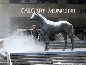The steps in front of Calgary City Hall are cleared of snow on Thursday, March 19, 2020. The City of Calgary is allowing a three-month deferral of utility payments.