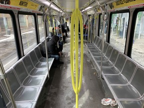 A nearly deserted CTrain in downtown Calgary on Tuesday, March 31, 2020. Calgary Transit ridership has plunged during the COVID-19 pandemic.