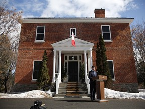 Justin Trudeau speaks to members of the media outside of his residence at Rideau Cottage in Ottawa, Ontario, Canada on Friday, March 13, 2020. Photographer: David Kawai/Bloomberg ORG XMIT: 775495869