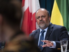 Saqib Shahab, chief medical health officer, speaks at a COVID-19 news update at the Legislative Building in Regina on March 18, 2020. The spread of COVID-19 could exceed the Saskatchewan Health Authority's capacity for acute services and amount to a death toll in the thousands, according to some early modelling contained in an internal presentation.