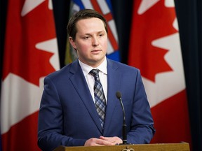 Minister of Agriculture and Forestry, Devin Dreeshen provides an update on the ongoing work to protect food security amid COVID-19 on Thursday, March 26, 2020, in Edmonton. (Greg Southam-Postmedia)