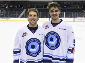 Hitmen forward Cael Zimmerman and defenceman Jackson van de Leest wearing the special edition Hockey Night in Canada jerseys. Photo by Candice Ward/Calgary Hitmen. The Calgary Hitmen Hockey Club will wear specially-designed Hockey Night in Canada jerseys on Sunday, Mar. 15 at 2:00 p.m., when they host the Red Deer Rebels at the Scotiabank Saddledome. It's all part of WHL Suits Up to Promote Organ Donation, presented by RE/MAX, which sees all 17 Canadian Western Hockey League markets host this awareness game.