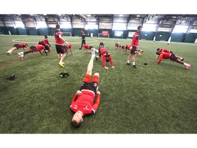 Cavalry FC players stretch during the first day of training camp for the CPL team at the Macron Performance Centre in Calgary on Monday, March 2, 2020. Jim Wells/Postmedia