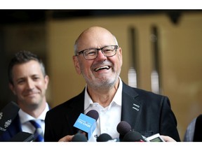 Ken King. vice-chair of Calgary Sports and Entertainment Corp., speaks to reporters as council voted for a new arena in Calgary on Tuesday, July 30, 2019. King died March 11, 2020.