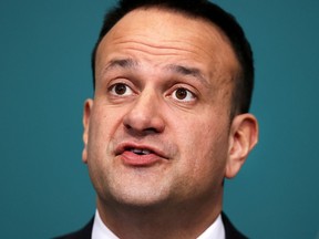 FILE PHOTO: Ireland's Prime Minister Taoiseach Leo Varadkar speaks during a news conference on the ongoing situation with the coronavirus disease (COVID-19) at Government Buildings in Dublin, Ireland March 24, 2020.  Steve Humphreys/Pool via REUTERS/File Photo ORG XMIT: FW1