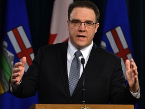 Government House Leader Jason Nixon discusses ongoing government operations during a news conference at the Legislature in Edmonton, March 16, 2020. Ed Kaiser/Postmedia