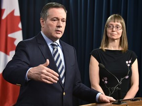 Premier Jason Kenney speaks at the daily COVID-19 updates with Alberta’s chief medical officer of health, Dr. Deena Hinshaw, on March 13, 2020.