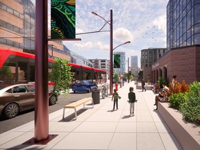 An early rendering of what a surface LRT on Centre Street could look like for Calgary's Green Line.