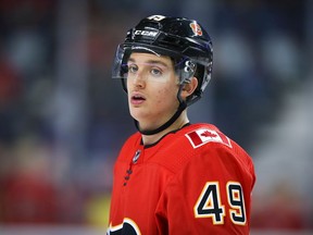 Calgary Flames Jakob Pelletier during warm-up before facing the Vancouver Canucks during pre-season NHL hockey in Calgary on Monday September 16, 2019.