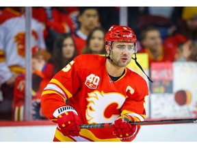 Calgary Flames Mark Giordano during warm-up before facing the Chicago Blackhawks during NHL hockey in Calgary on Tuesday December 31, 2019. Al Charest / Postmedia