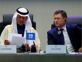 Saudi Arabia's Minister of Energy Prince Abdulaziz bin Salman Al-Saud and Russian Energy Minister Alexander Novak at the start of an OPEC and NON-OPEC meeting in Vienna, Austria, December 6, 2019.