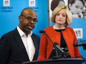 Chief superintendent of schools Christopher Usih and Calgary Board of Education chair Marilyn Dennis  speak with the media regarding school closures in Calgary on Monday, March 16, 2020.