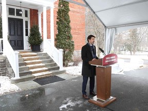 Prime Minister Justin Trudeau speaks during a news conference on COVID-19 situation from his residence in Ottawa on March 23, 2020.