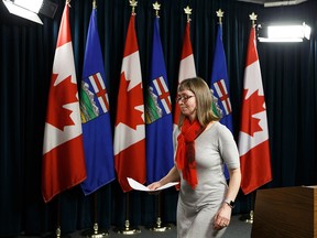 Alberta’s Chief Medical Officer of Health Dr. Deena Hinshaw gives an update on coronavirus numbers in Alberta on March 6, 2020, at the Alberta Legislature.