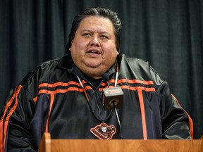 Tyler White, CEO of Siksika Health Services, speaks at a press conference on Jan. 27, 2020.