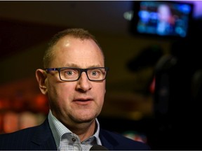 Calgary Flames General Manager Brad Treliving speaks with the media after the teamÕs 40th season luncheon at Scotiabank Saddledome on Monday, March 9, 2020. Azin Ghaffari/Postmedia
