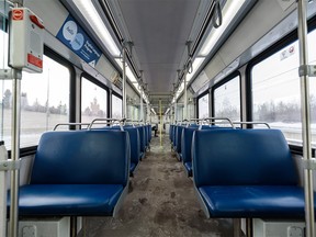 Pictured is a nearly empty CTrain in Calgary on Thursday, April 2, 2020.