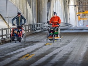 The Centre Street Bridge's lower deck has been repurposed so people can spend the weekend outside while keeping a social distance on Saturday, April 4, 2020.