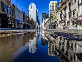 A nearly deserted Stephen Avenue in downtown Calgary on Wednesday, April 8, 2020.