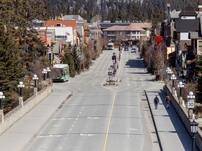A mostly deserted downtown Banff on Sunday, April 19, 2020.