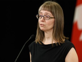 Alberta's Chief Medical Officer of Health Dr. Deena Hinshaw delivers her daily COVID-19 coronavirus pandemic briefing at the Federal Building in Edmonton, on Wednesday, April 1, 2020.