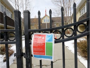 Family and residents rally outside the McKenzie Towne Continuing Care facility in Calgary on Tuesday, March 31, 2020.