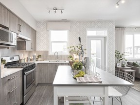 The kitchen in a show home at Granite, by Jayman Built, in Redstone.