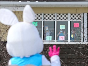 The Easter Bunny came out to support residents and staff at the McKenzie Towne Continuing Care Centre that has been the hardest hit location in Alberta amidst the COVID-19 pandemic on Saturday, April 11, 2020.