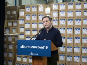 Premier Jason Kenney in the AHS Edmonton Distribution Centre on Saturday, April 11, 2020. Alberta is sending supplies to British Columbia, Ontario and Quebec to help address unprecedented demand in those provinces for personal protective equipment (PPE) and ventilators.