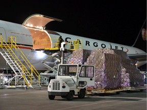 A cargo jet from China landed in Edmonton early Monday carrying about 80,000 pounds of medical supplies to battle COVID-19. Supplied photo from EIA