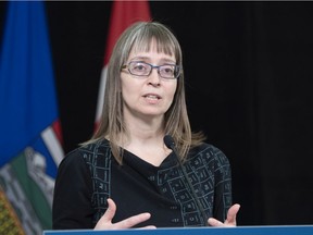 Dr. Deena Hinshaw, Alberta's chief medical officer of health, speaks during a news conference in the Edmonton Federal Building on Tuesday, April 21, 2020, on the COVID-19 pandemic and the ongoing work to protect public health.