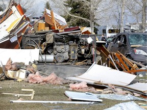 Calgary police, fire and EMS investigate a fatal trailer explosion at a trailer storage yard on Macleod Tr. and 210 ave. South leaving one person dead in Calgary on Thursday, April 23, 2020. Darren Makowichuk/Postmedia