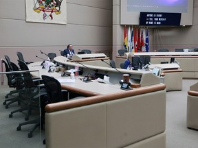 Calgary Mayor Naheed Nenshi was the only member of council in council chambers on Monday, April 6, 2020. The rest of council took part from home amidst COVID-19 precautions.