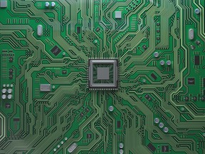 Computer motherboard with CPU. Circuit board system chip with core processor. Computer technology background.