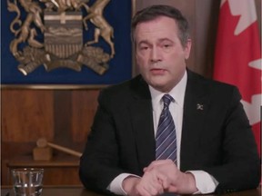 Video frame grab of the Alberta Premier Jason Kenney during a TV address to the province on COVID-19.