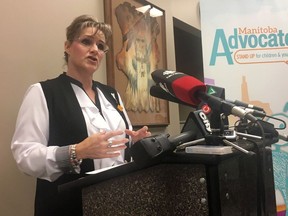 Manitoba Advocate For Children And Youth Daphne Penrose addresses a news conference in Winnipeg, Friday, Oct.19, 2018. Manitoba Child Advocate Daphne Penrose says the additional stress on families during the pandemic coupled with fewer eyes on kids and less access to services that can help them cope is a "perfect storm" making her afraid many kids are suffering.