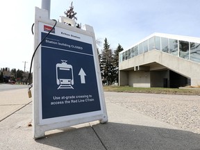 A sign notifying CTrain riders of a station closure is displayed at Erlton Station near downtown Calgary Wednesday, April 29, 2020. Jim Wells/Postmedia