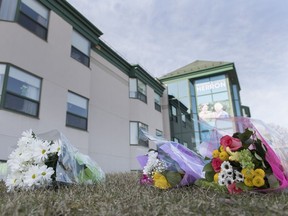 Flowers are shown outside Maison Herron, a long term care home in the Montreal suburb of Dorval, Sunday, April 12, 2020, as COVID-19 cases rise in Canada and around the world.