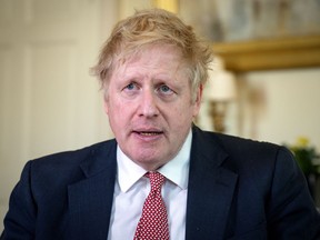 Prime Minister Boris Johnson thanks the NHS in a video message on Easter Sunday, in 10 Downing Street, London, Britain, April 12, 2020.