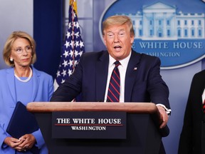 U.S. President Donald Trump addresses the daily coronavirus response briefing at the White House in Washington, U.S., March 27, 2020.