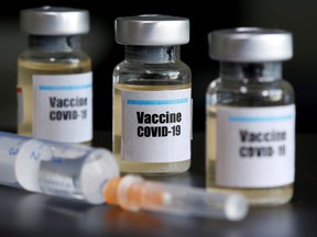 Small bottles labelled with a "Vaccine COVID-19" sticker and a medical syringe are seen in this illustration taken taken April 10, 2020.