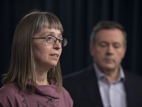 Dr. Deena Hinshaw, Alberta's chief medical officer of health, appears at a daily update on COVID-19 with Premier Jason Kenney on March 15, 2020.