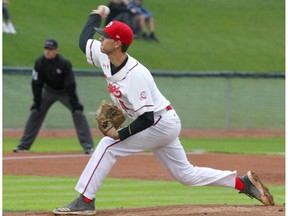 Starting pitcher Tanner Simpson pitches during the 1st inning of Game #2 of the WCBL Final Series as Okotoks Dawgs host the Regina Red Sox Friday, August 16, 2019. Brendan Miller/Postmedia