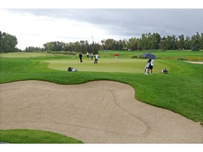 Players in the Shaw Charity Classic play the 15th hole at the Canyon Meadows Golf and Country Club in Calgary on Saturday, August 31, 2019. Gavin Young/Postmedia