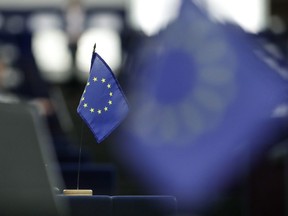 A European flag is pictured at the European Parliament in Strasbourg, eastern France, Tuesday, Sept.17, 2019. The European Union is planning a major pledging conference early next month to help fill the World Health Organization funding gaps, and it expects Canada to play a key role, says the EU's envoy in Ottawa.