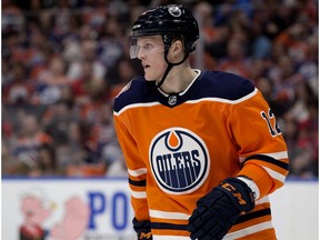 The Edmonton Oilers' Colby Cave (12) during second period NHL action against the Calgary Flames at Rogers Place, in Edmonton Saturday Jan. 19, 2019. Photo by David Bloom