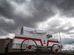 A chuckwagon promoting this year's event outside Stampede headquarters on Thursday, April 23, 2020. The 2020 Calgary Stampede has been cancelled for the first time in its history due to COVID-19.