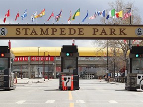 The entrance gate outside the Stampede Headquarters following the announcement the 2020 Calgary Stampede has been cancelled due to the COVID-19 pandemic. It's the first time in 97 years the Greatest Outdoor Show won't happen.  Thursday, April 23, 2020.
