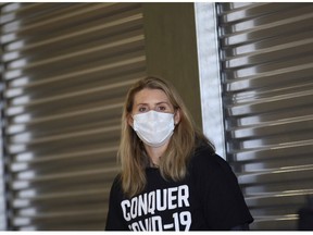 Canadian hockey star Hayley Wickenheiser sports a Conquer COVID-19 shirt to support the collection of Personal Protective Equipment for frontline workers. Photo Courtesy conquercovid19.ca