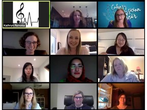 A screen capture of an online rehearsal, via zoom, with members of the Calgary Physicians Choir. The Youth Singers of Calgary are helping local doctors relieve stress from battling COVID-19 with the new 8-week pilot program. Wednesday, May 6, 2020. Postmedia
